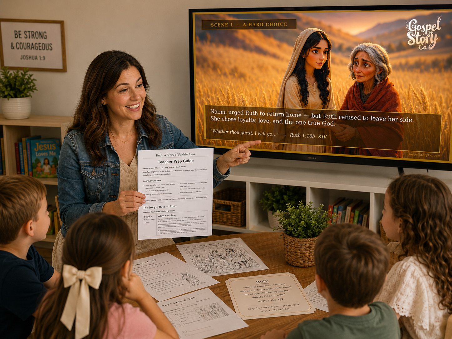 Sunday school teacher presenting a Gospel Story Co lesson to children on a large TV screen